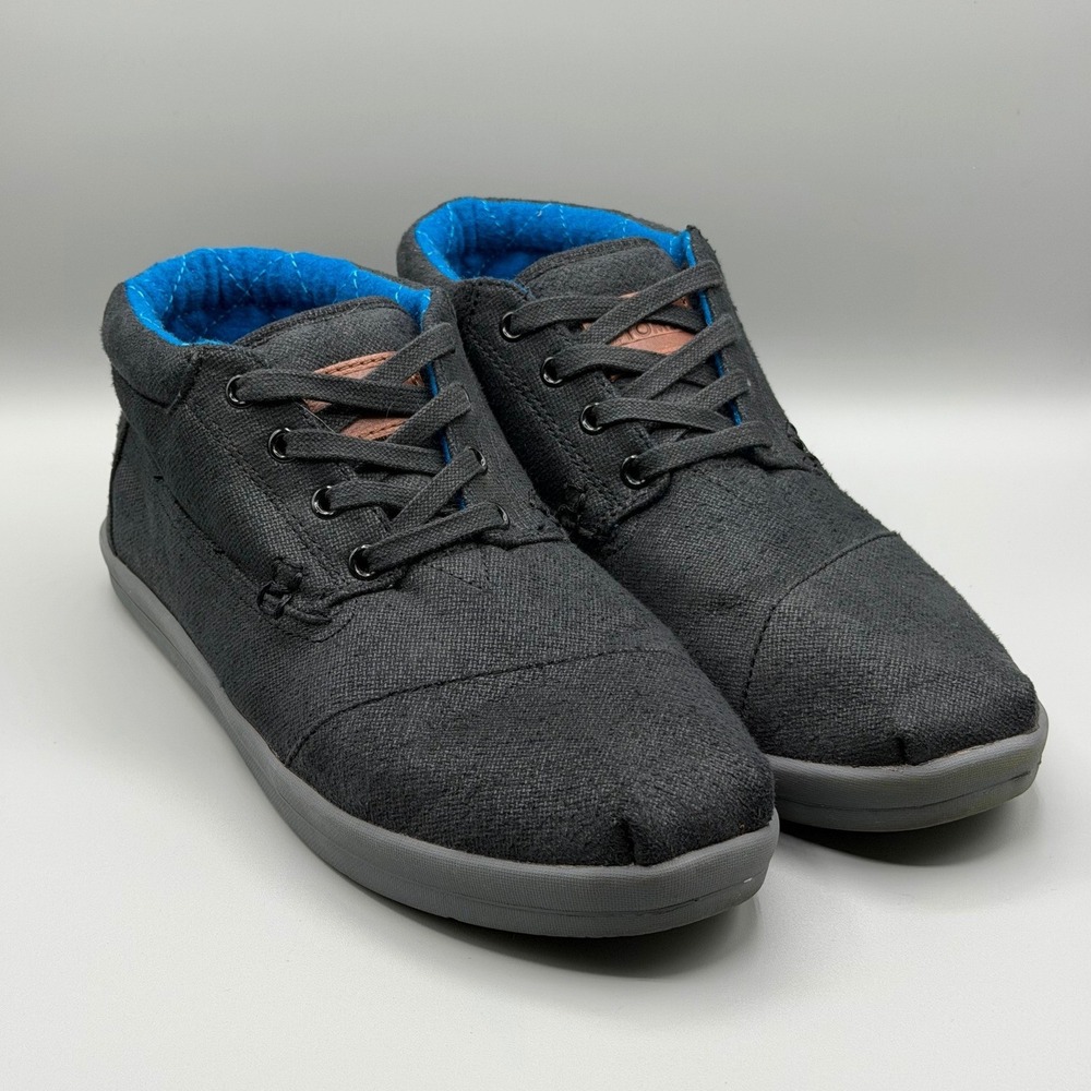TOMS‎ Paseos Mid Top/Chukka Lace Up Sneakers Black Felt Blue Lining Mens Sz 10.5
